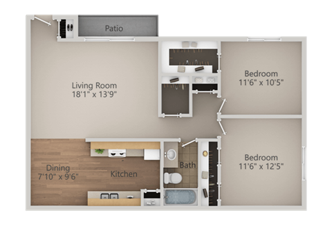 2 Bedroom 1 Bath Floor Plan at Courtyard at Central Park Apartments, Fresno, CA