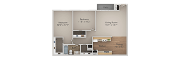 2 Bedroom 1 Bathroom Floor Plan at Courtyard at Central Park Apartments, Fresno, 93722