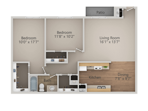 2 Bedroom 1 Bathroom Floor Plan at Courtyard at Central Park Apartments, Fresno, 93722