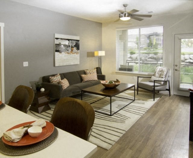 Open Living Space with Ceiling Fan at Lofts at 7800 Apartments, Midvale, UT