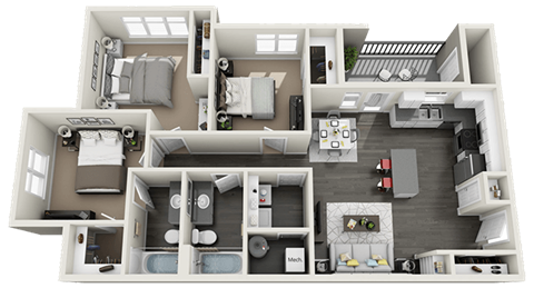 3 Bed, 2 Bath Floor Plan at Rivulet Apartments, American Fork, Utah
