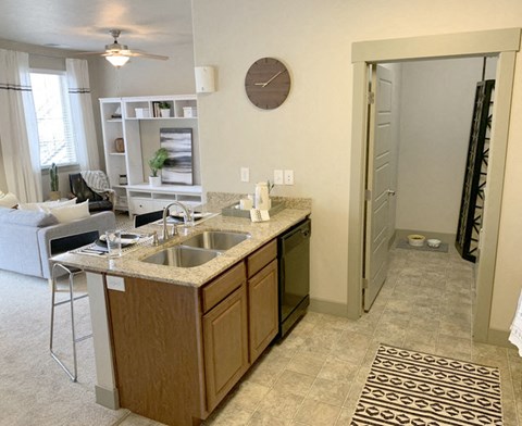 a kitchen with a sink and a door to a living room
