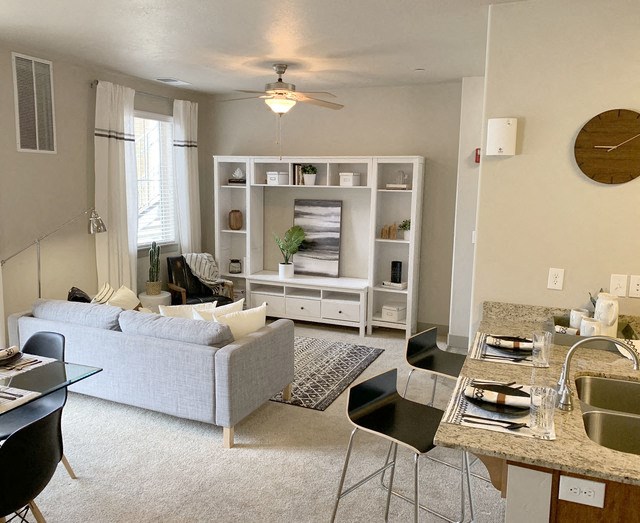 Open Living Room With Kitchen View at San Marino Apartments, Utah, 84095