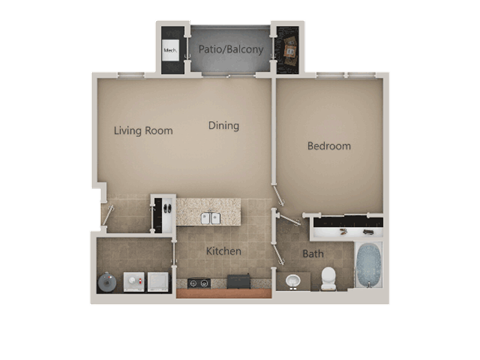1 Bed 1 Bath Floor Plan at San Marino Apartments, South Jordan, Utah