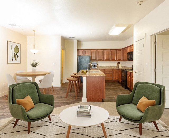 Living Room With Kitchen View Living Room With Kitchen View at San Moritz Apartments, Midvale, UT