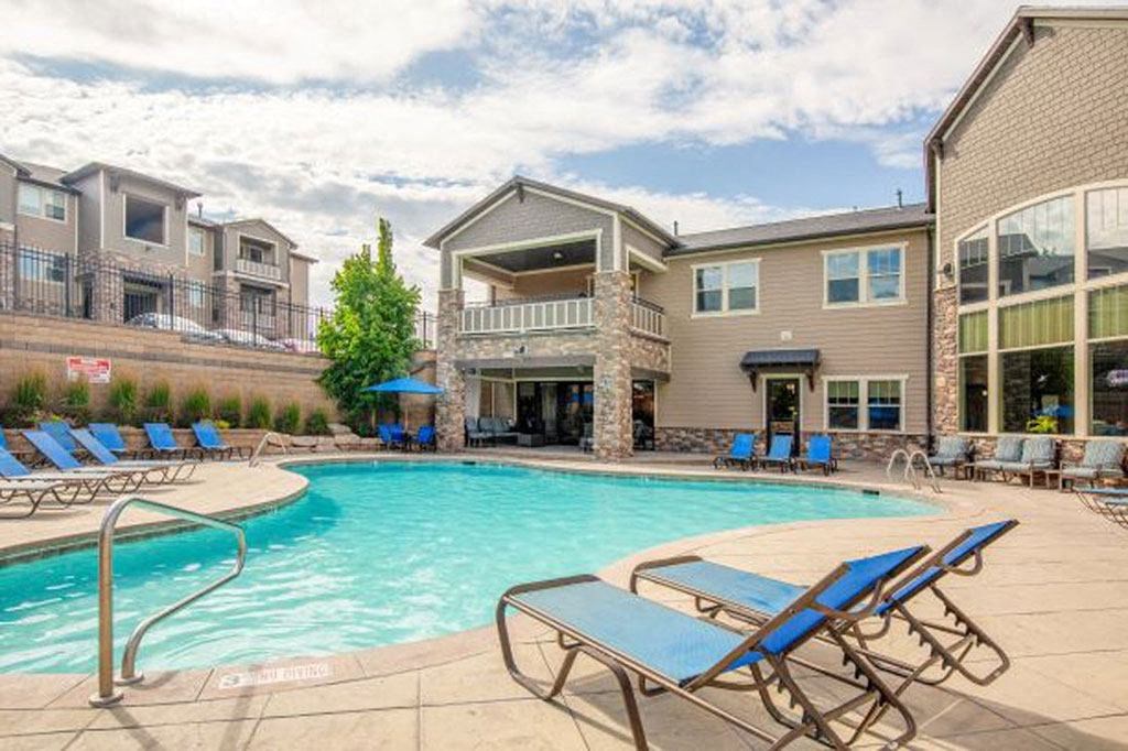 Pool With Sunning Deck at San Moritz Apartments, Midvale, Utah