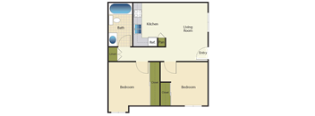 2 Bed 1 Bath Floor Plan at Peppertree Senior Apartments, California