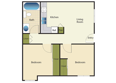 2 Bed 1 Bath Floor Plan at Peppertree Senior Apartments, California