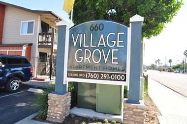 Welcoming Property Signage at Village Grove Apartments, Escondido, California