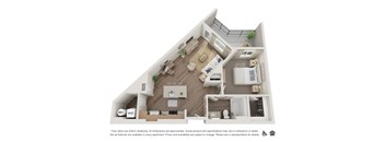 A floor plan of a two-bedroom apartment with a kitchen, living room, and bathroom.