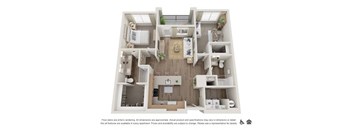 A floor plan of an apartment with a kitchen, living room, and two bedrooms.