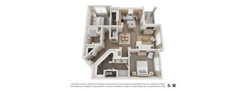 A 3D floor plan of an apartment layout.