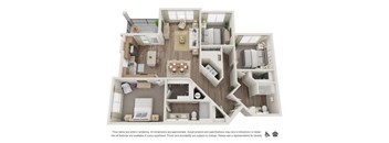 A 3D floor plan of an apartment layout.