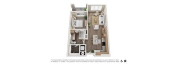 A floor plan of a small apartment with a kitchen, living room, and bedroom.