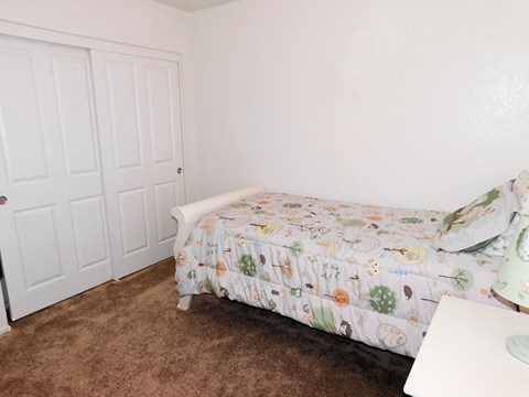 a bedroom with a bed and two closets