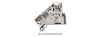 A 3D rendered image of a house layout.