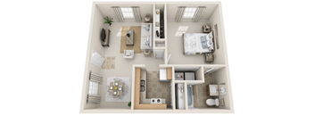 A 3D floor plan of a small apartment with a kitchen, living room, and bathroom.