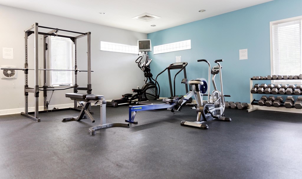 A home gym with a variety of equipment including a squat rack, treadmill, and weights. Aviary Village Apartments, in Conway, SC 29526