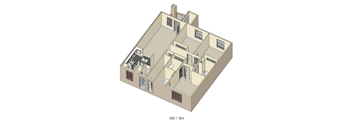 A diagram of a building with rooms labeled 1BR and 1BA.