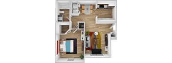 A top-down view of a small apartment with a bedroom, living room, and kitchen.