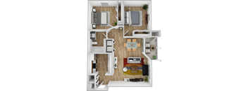 A 3D floor plan of a small apartment with a kitchen, living room, and bedroom.
