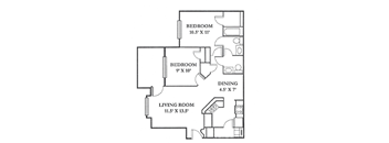 A black and white image of a floor plan for a small apartment.