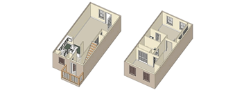 Two isometric floor plans of a building with staircases and rooms.