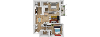 A 3D rendered image of a small apartment layout.