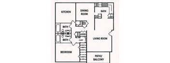 A floor plan of a house with a kitchen, dining room, living room, bedroom, and bathrooms.