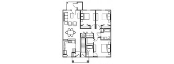 A black and white floor plan of a house with a kitchen, living room, dining room, and bedrooms.