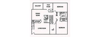 A black and white image of a floor plan for a home with a living room, dining room, kitchen, bedrooms, and bathrooms.