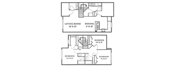 A floor plan of a house with a living room, dining room, and three bedrooms.