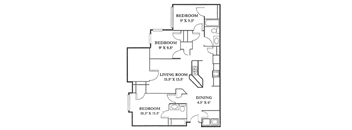A black and white image of a floor plan for a home with four bedrooms, a living room, and a dining room.