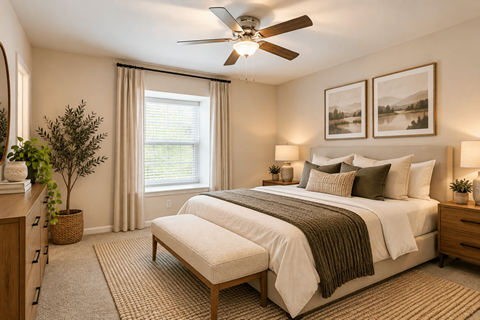 A bedroom with a large bed, a ceiling fan, and a window with curtains.