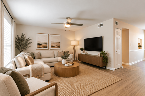 A living room with a white couch, a wooden coffee table, and a flat-screen TV.