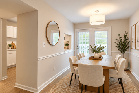 A dining room with a round mirror and a table with chairs.