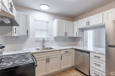 A kitchen with white cabinets and a black stove top.