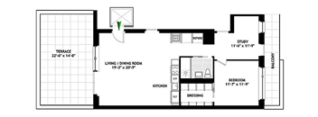 A floor plan of a house with a living room, kitchen, and two bedrooms.