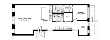 A floor plan of a small apartment with a living room, dining room, kitchen, bedroom, study, and bathroom.