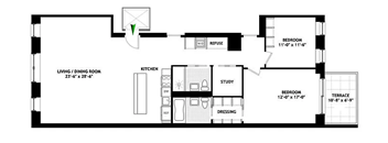 A floor plan of a house with a living room, two bedrooms, a study, a kitchen, a terrace, and a refuse bin.