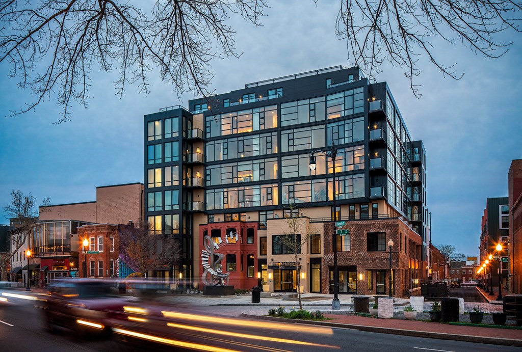 Nighttime exterior image of The Shaw