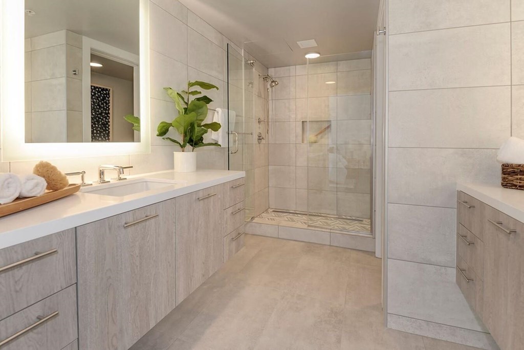 Bathroom with glass-surround shower