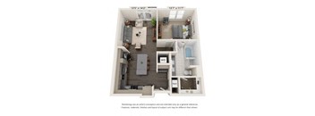 a stylized floor plan with a bedroom and a kitchen