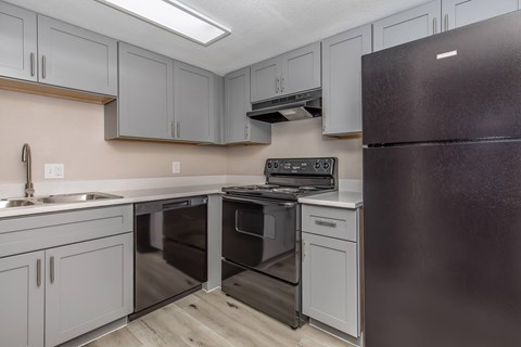 A kitchen with a black refrigerator and stove top oven.