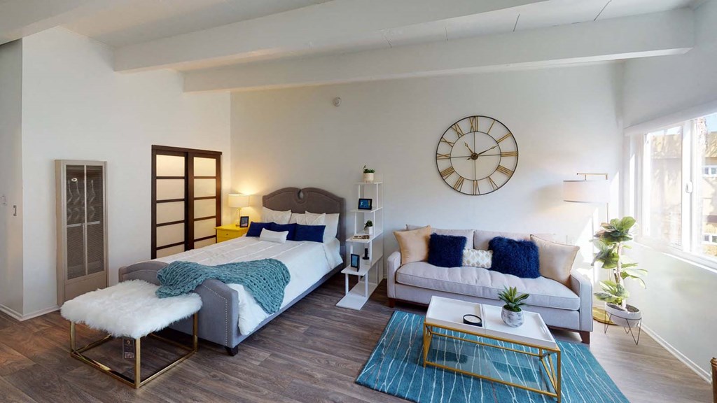 a collage of different images of a bedroom and a living room at The Marquee Apartments, North Hollywood, CA