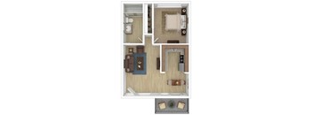 A top-down view of a small apartment with a bedroom, living room, and kitchen.