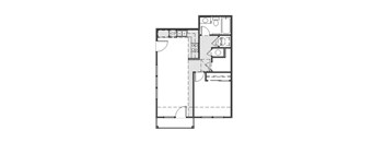A floor plan of a house with a kitchen, living room, and bathrooms.