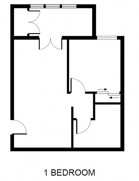 A black and white image of a 1 bedroom apartment.