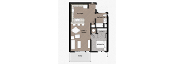 A floor plan of a house with a kitchen, living room, dining room, bathroom, closet, and bedroom.