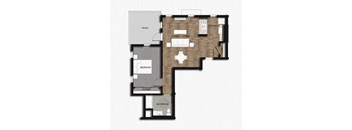 A floor plan of a house with a patio, living/dining area, kitchen, two closets, a bedroom, and a bathroom.